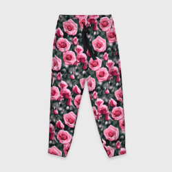 Кусты розовых роз на сером фоне – Детские брюки 3D с принтом купить