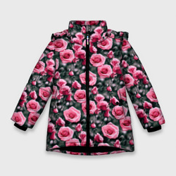 Кусты розовых роз на сером фоне – Зимняя куртка для девочек 3D с принтом купить