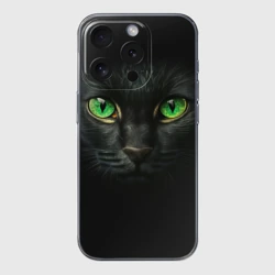 Чехол для iPhone 15 Pro силиконовый с защитой камеры Морда кота с зелеными глазами