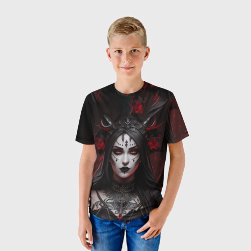 Детская футболка 3D с принтом Готическая женщина с рогами, фото на моделе #1