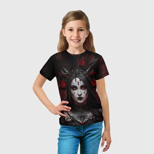 Детская футболка 3D с принтом Готическая женщина с рогами, вид сбоку #3