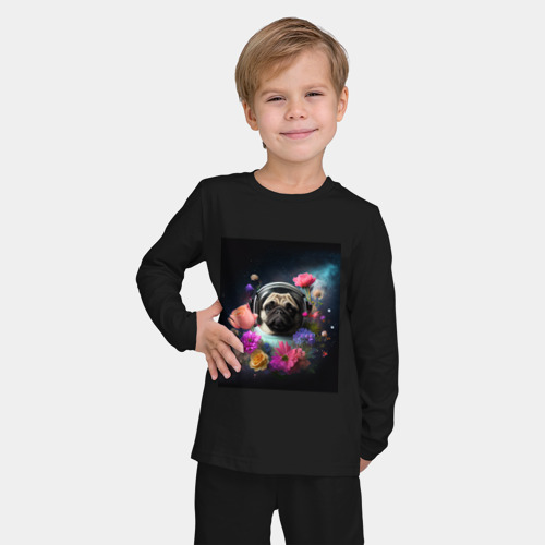 Детская пижама с лонгсливом хлопок с принтом Мопс-космонавт в цветах, фото на моделе #1