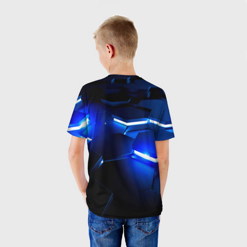 Детская футболка 3D Металлические соты с синей подсветкой, цвет 3D печать - фото 4