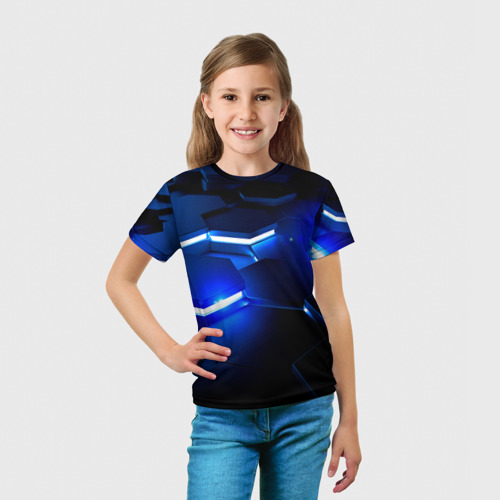 Детская футболка 3D Металлические соты с синей подсветкой, цвет 3D печать - фото 5