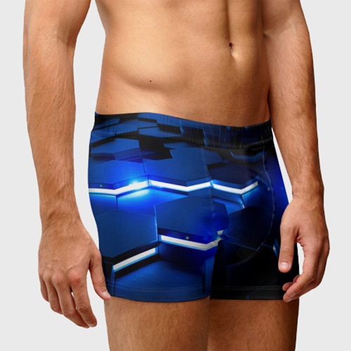Мужские трусы 3D Металлические соты с синей подсветкой, цвет 3D печать - фото 3
