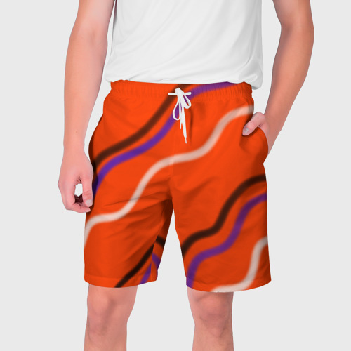 Мужские шорты 3D с принтом Красный фон и волны, вид спереди #2