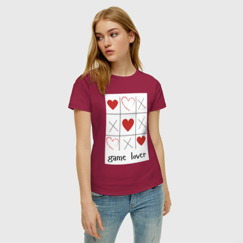 Женская футболка хлопок Крестики нолики из сердечек, цвет маджента - фото 3