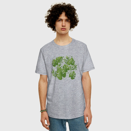 Мужская футболка хлопок Oversize с принтом Листья монстеры и пальмы, фото на моделе #1