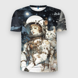 Мужская футболка 3D Slim Девушка космонавт с белым котом