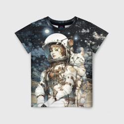 Детская футболка 3D Девушка космонавт с белым котом