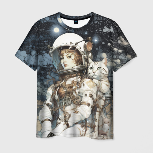 Мужская футболка с принтом Девушка космонавт с белым котом, вид спереди №1