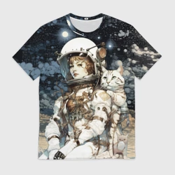 Мужская футболка 3D Девушка космонавт с белым котом