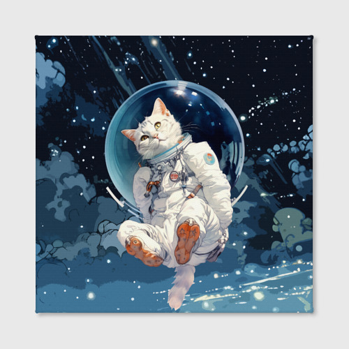 Холст квадратный Белый кот космонавт в невесомости, цвет 3D печать - фото 2
