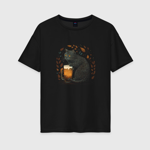 Женская футболка хлопок Oversize с принтом Кот и пиво, вид спереди #2