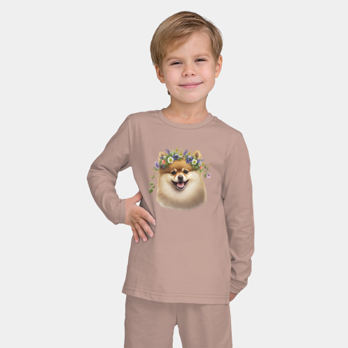 Детская пижама с лонгсливом хлопок с принтом Шпиц в венке из цветов, фото на моделе #1