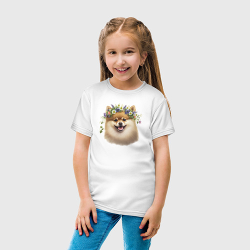 Детская футболка хлопок Шпиц в венке из цветов, цвет белый - фото 5