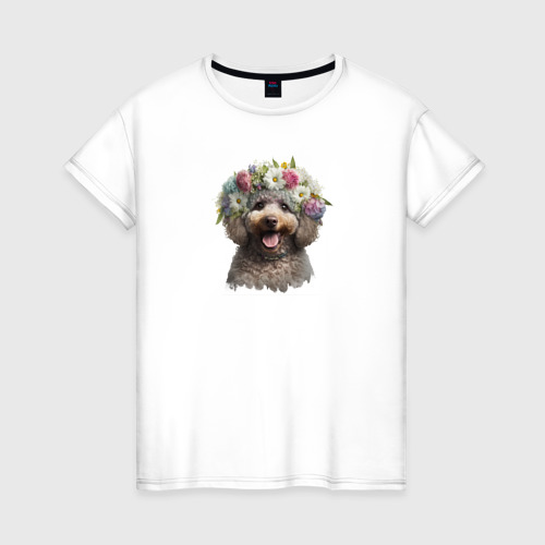 Женская футболка из хлопка с принтом Пудель в венке из цветов, вид спереди №1