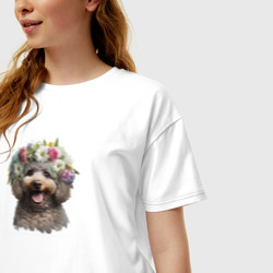 Женская футболка хлопок Oversize Пудель в венке из цветов - фото 2