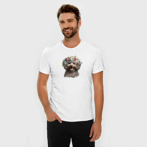 Мужская футболка хлопок Slim Пудель в венке из цветов, цвет белый - фото 3