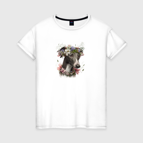 Женская футболка из хлопка с принтом Уиппет в венке из цветов, вид спереди №1