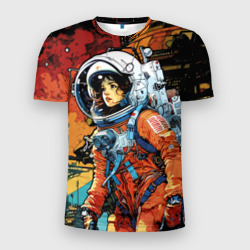 Мужская футболка 3D Slim Девушка космонавт в фантастическом городе