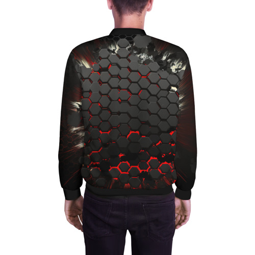 Мужской бомбер 3D с принтом Черно-красные объемные плиты, вид сзади #2