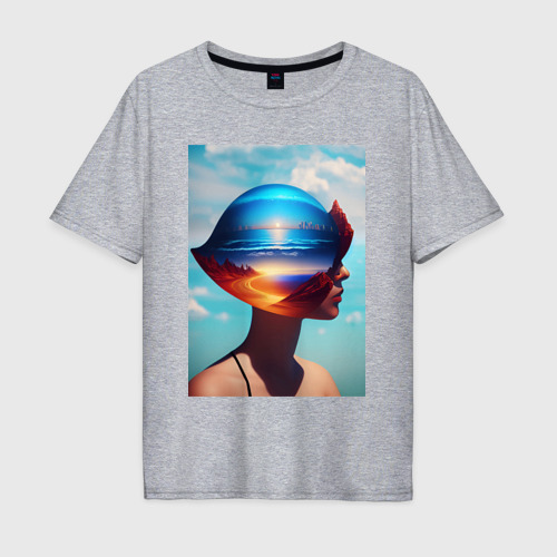 Мужская футболка хлопок Oversize с принтом Профиль девушки в арт-шлеме, вид спереди #2