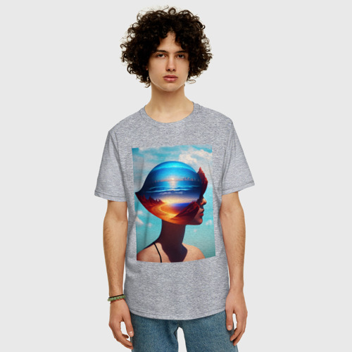 Мужская футболка хлопок Oversize с принтом Профиль девушки в арт-шлеме, фото на моделе #1