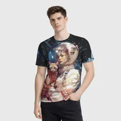 Мужская футболка 3D Девушка космонавт с рыжим котом - фото 2