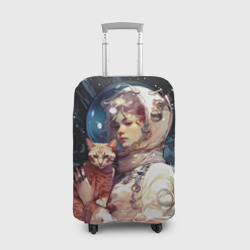 Чехол для чемодана 3D Девушка космонавт с рыжим котом