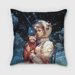 Подушка 3D Девушка космонавт с рыжим котом