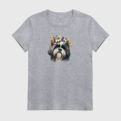 Женская футболка хлопок Ши-тцу в венке из цветов