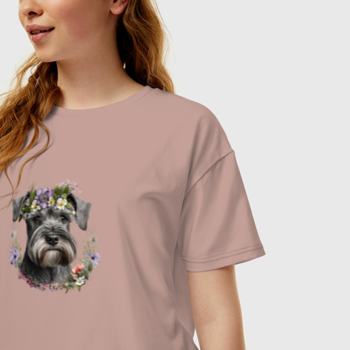 Женская футболка хлопок Oversize Шнауцер в венке из цветов, цвет пыльно-розовый - фото 3