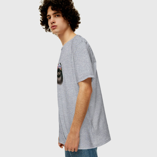 Мужская футболка хлопок Oversize с принтом Шпиц черный в венке из цветов, вид сбоку #3