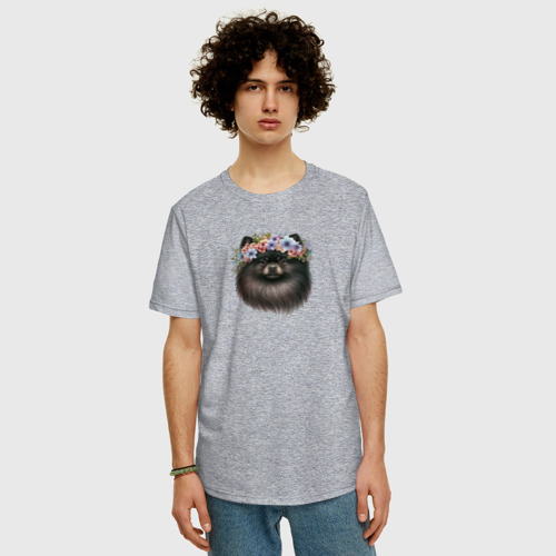 Мужская футболка хлопок Oversize с принтом Шпиц черный в венке из цветов, фото на моделе #1