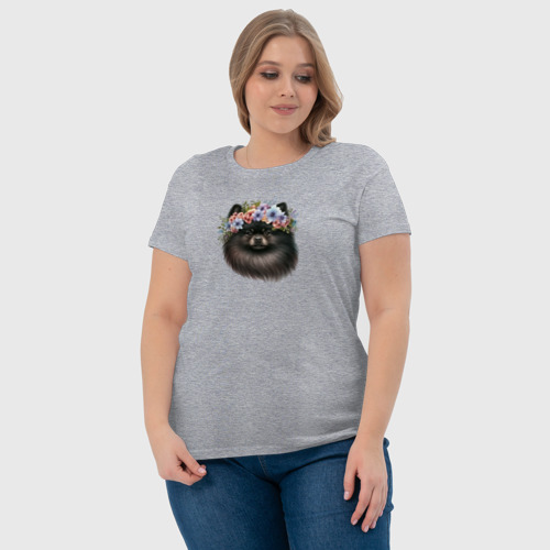 Женская футболка хлопок с принтом Шпиц черный в венке из цветов, фото #4