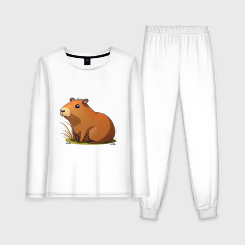 Женская пижама с лонгсливом хлопок Cartoon capybara, цвет белый
