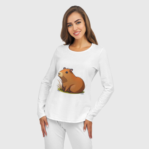 Женская пижама с лонгсливом хлопок Cartoon capybara, цвет белый - фото 5
