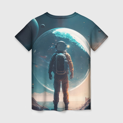Женская футболка 3D с принтом Космонавт без головы на другой планете, вид сзади #1