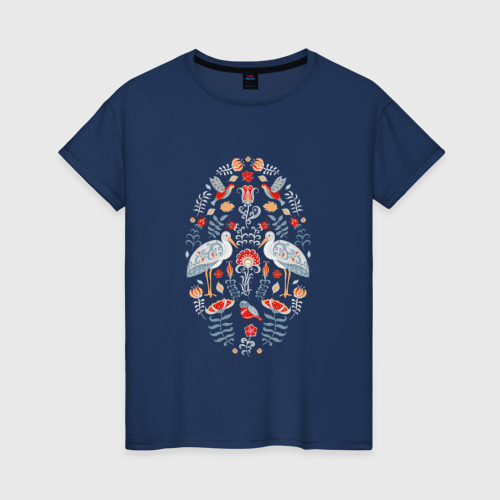 Женская футболка хлопок Аисты и цветы, цвет темно-синий