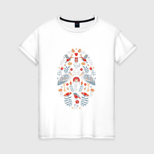 Женская футболка из хлопка с принтом Аисты и цветы, вид спереди №1