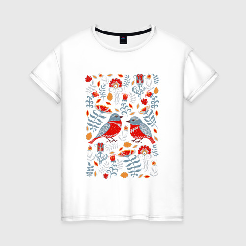 Женская футболка из хлопка с принтом Снегири и цветы, вид спереди №1