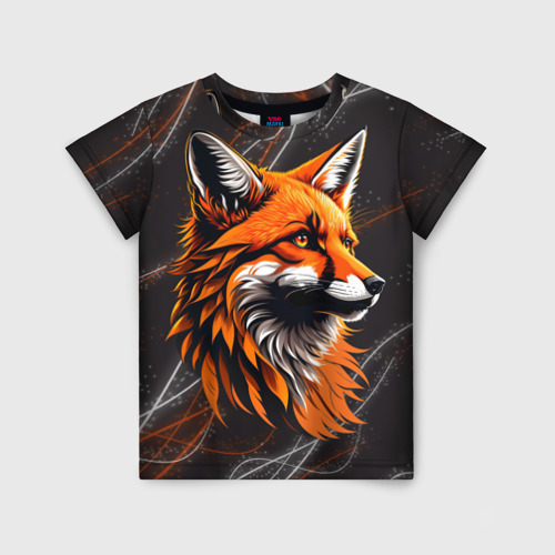 Детская футболка 3D с принтом Огненная лиса на фоне узора, вид спереди #2