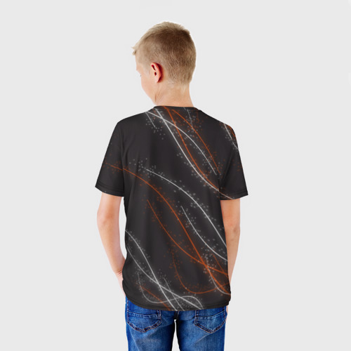 Детская футболка 3D с принтом Огненная лиса на фоне узора, вид сзади #2