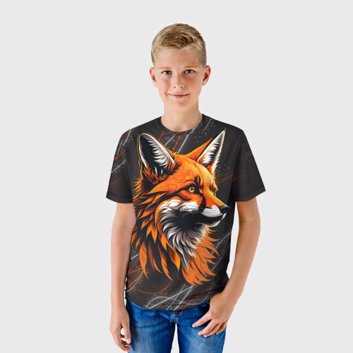 Детская футболка 3D с принтом Огненная лиса на фоне узора, фото на моделе #1