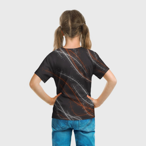Детская футболка 3D с принтом Огненная лиса на фоне узора, вид сзади #2