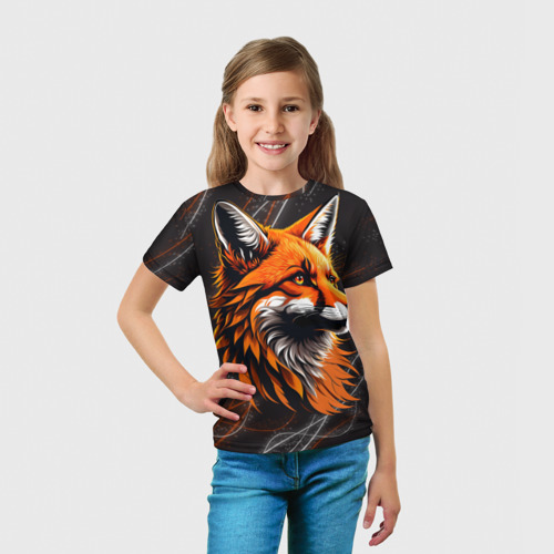 Детская футболка 3D с принтом Огненная лиса на фоне узора, вид сбоку #3