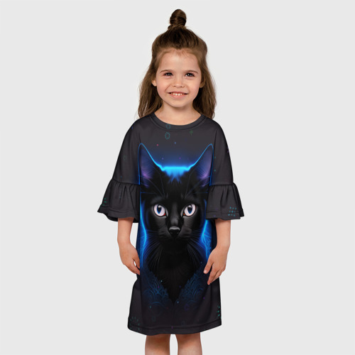 Детское платье 3D с принтом Черный кот на фоне созвездий, вид сбоку #3
