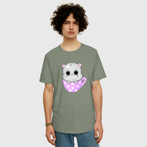 Мужская футболка хлопок Oversize с принтом Бегемот в кружке, фото на моделе #1