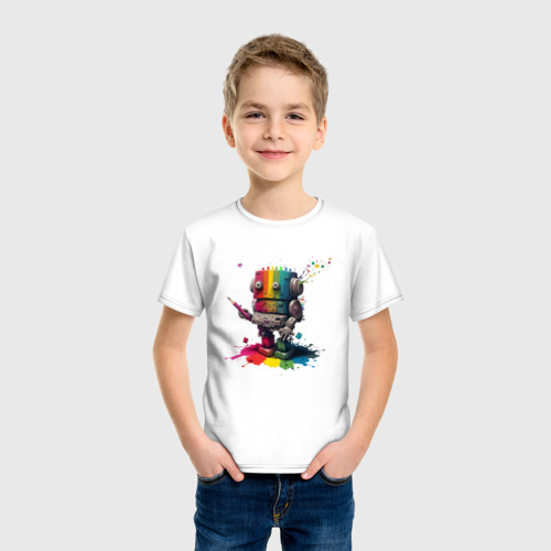Детская футболка хлопок с принтом Робот с красками, фото на моделе #1